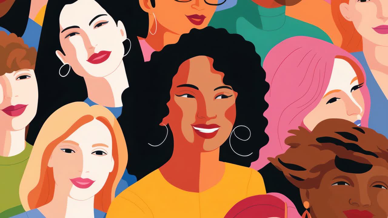 Ilustração colorida de mulheres diversas sorrindo, vista de um ângulo frontal.