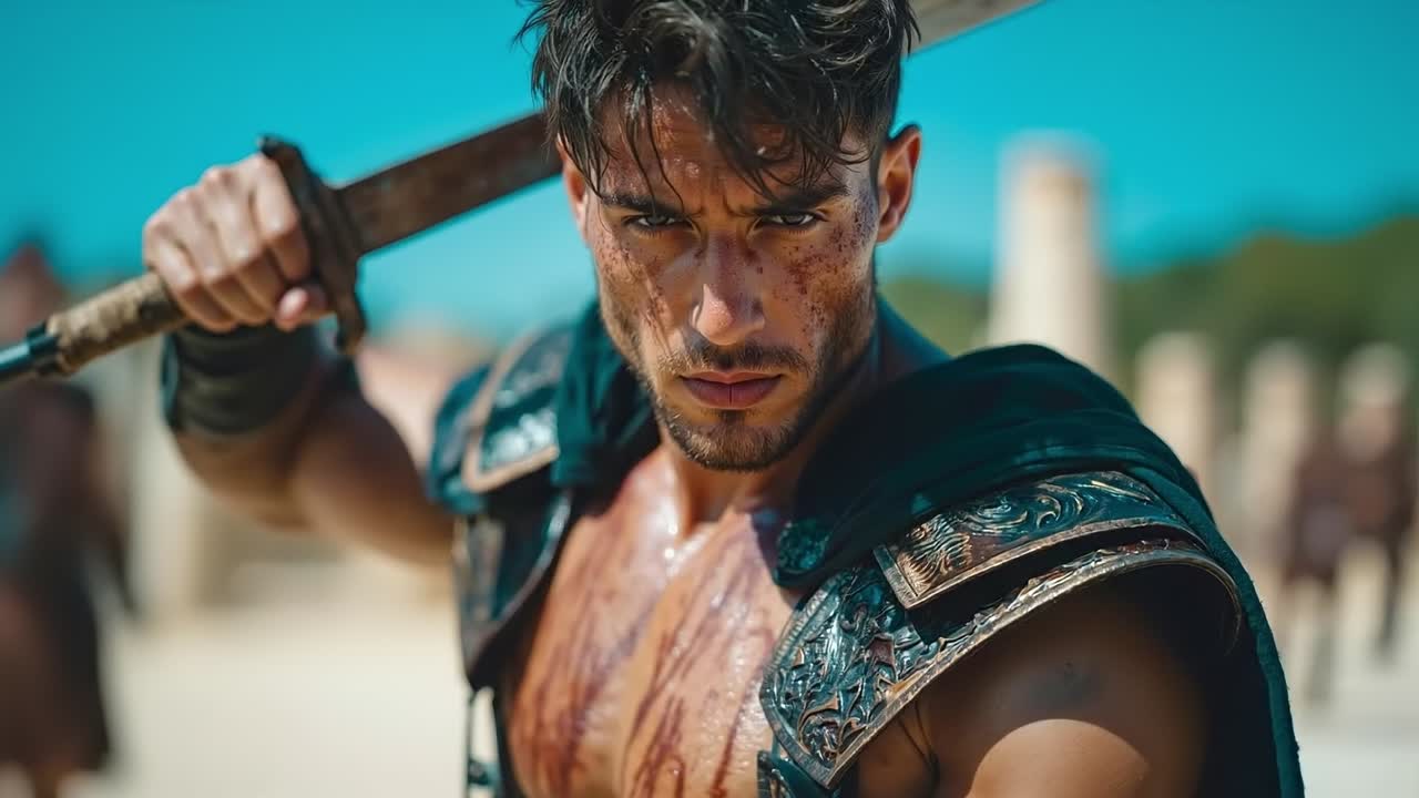 Ein Mann, der ein Schwert in einer Szene aus dem Film Spartacus: War of the Damned hält.