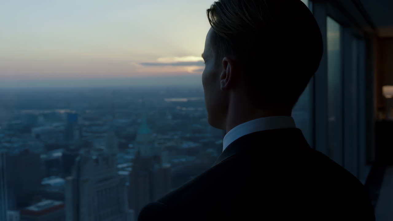 Businessman looking out office window at city skyline during dusk