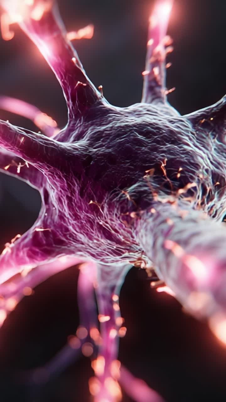 Visualizzazione ad alta risoluzione di un neurone che riceve e trasmette segnali elettrici attraverso dendriti e assoni, con attività neurale dinamica pulsante.