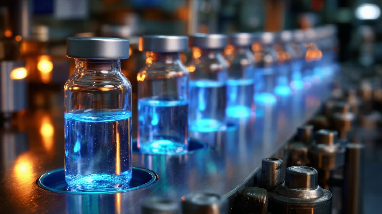A Row of Illuminated Vaccines: Bottles Filled with Vibrant Blue Liquid on a Production Line, Displaying a State-of-the-Art Manufacturing Process in a Modern Laboratory Environment