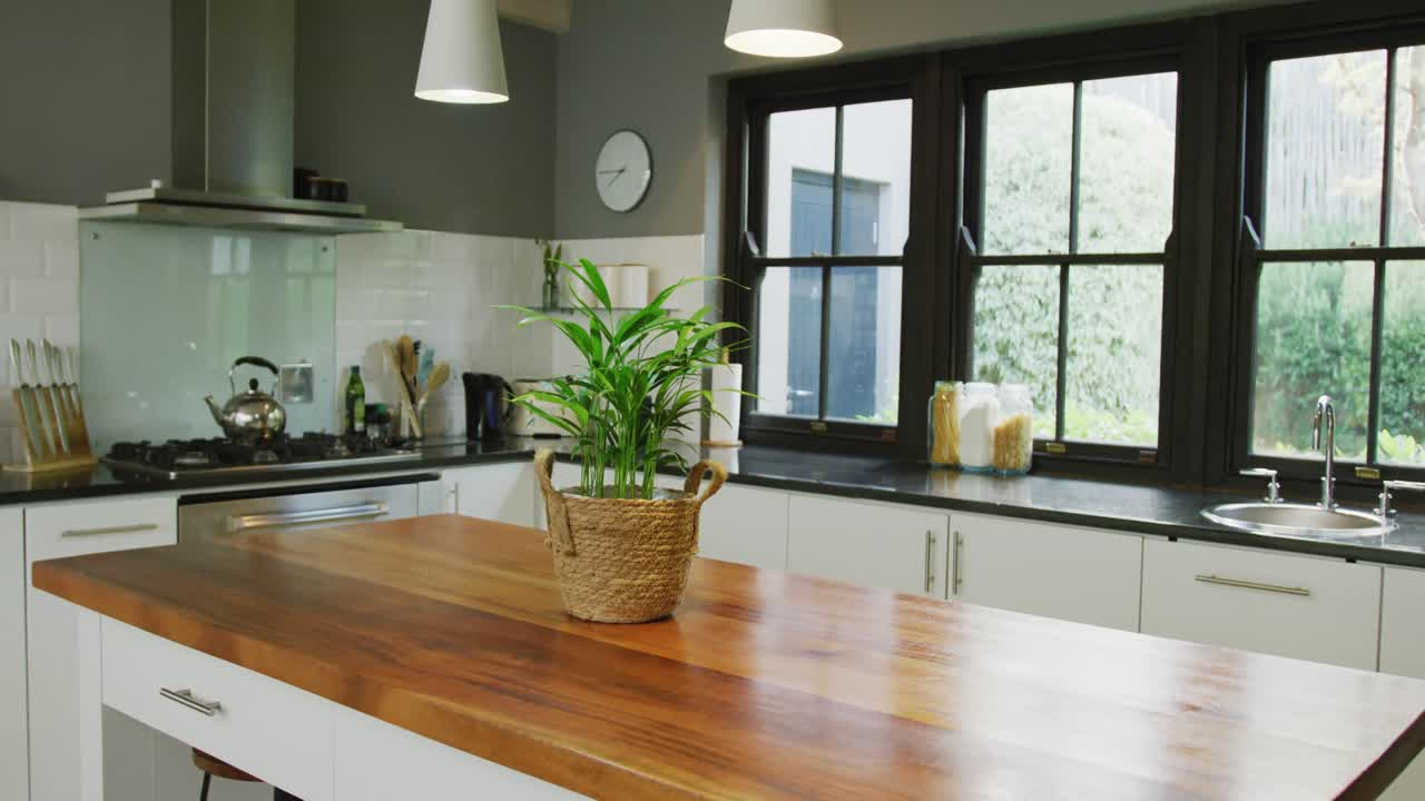 Interno di casa vuoto con finestra della cucina e pianta sul tavolo, movimento rallentato