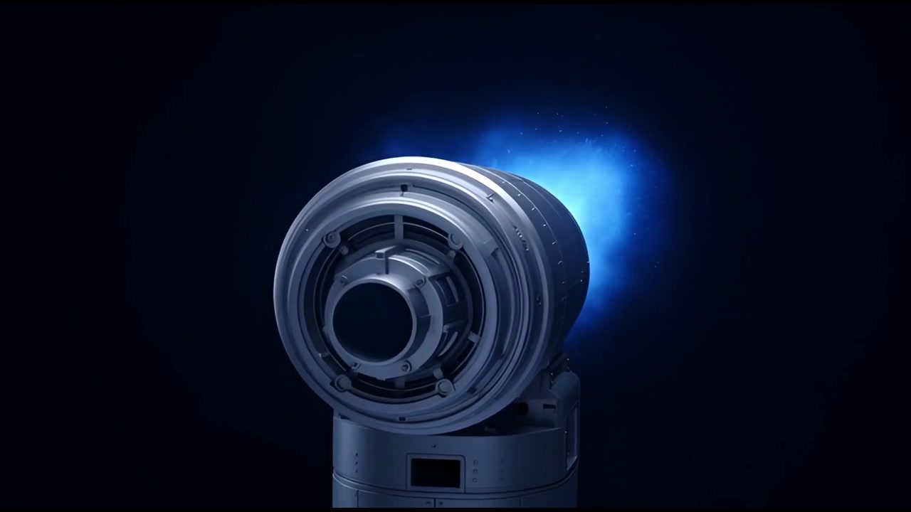 Cannone futuristico rotante che scarica energia al plasma blu