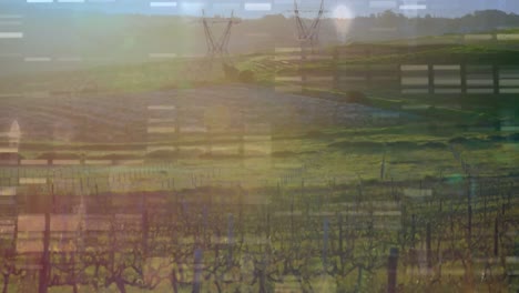 animation of moving columns over landscape with electricity pylons