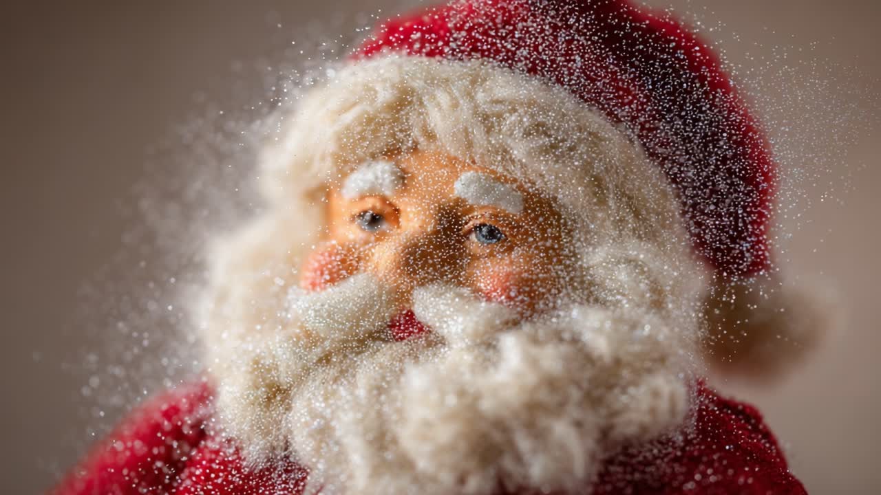 Un incantevole primo piano di un Babbo Natale decorato a festa, circondato da una magica spolverata di neve, che cattura lo spirito delle feste natalizie