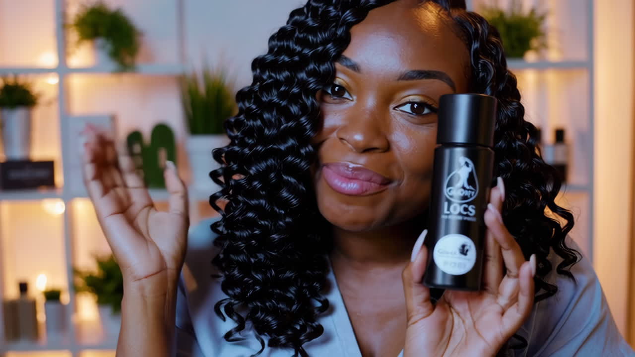 Woman with locs and hair care product review