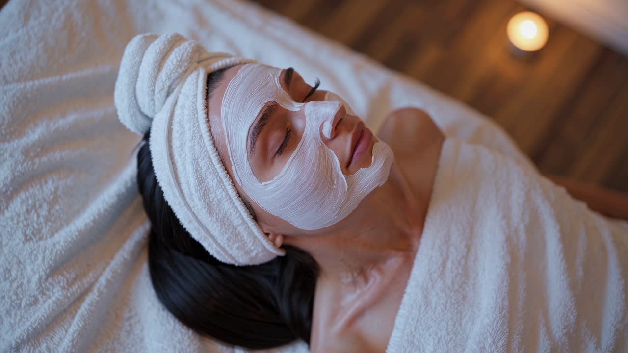 Jovem com máscara facial relaxando em um spa