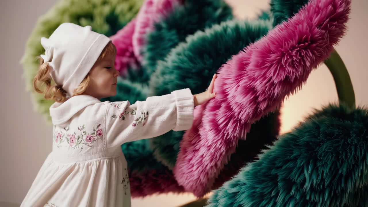 A young child interacts with a large, fluffy, colorful art installation or toy