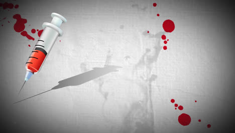 animation of syringe icon over blood stains and smoke on grey background