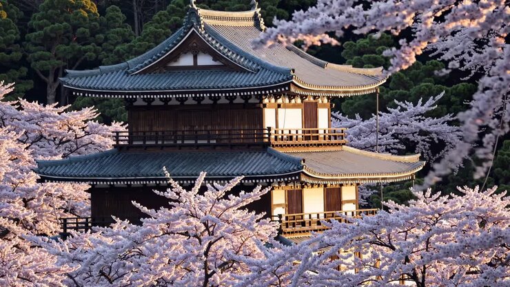 Una serena scena video di una tradizionale pagoda giapponese circondata da fiori di ciliegio