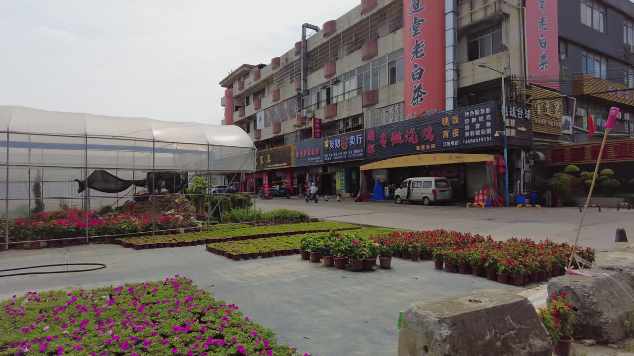 식물 시장 과 상점 들 이 있는 아시아 도시 의 바쁜 거리 장면