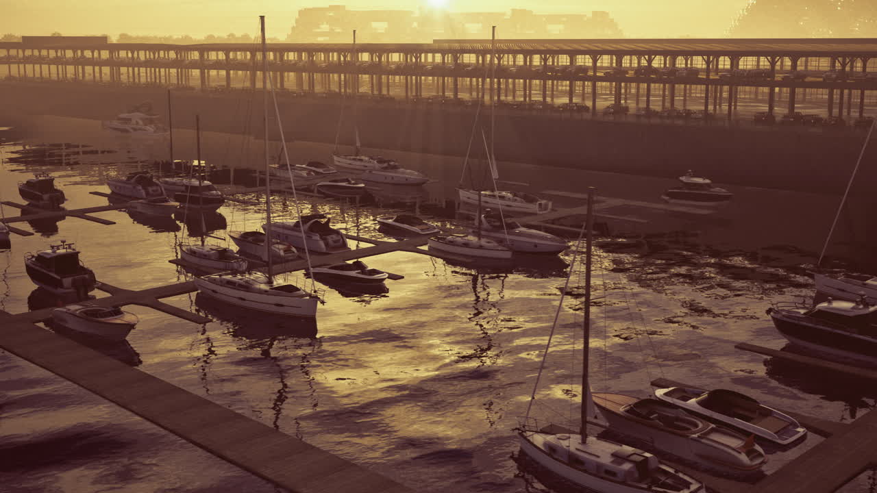 Sunset at harbor with moored boats reflecting orange light