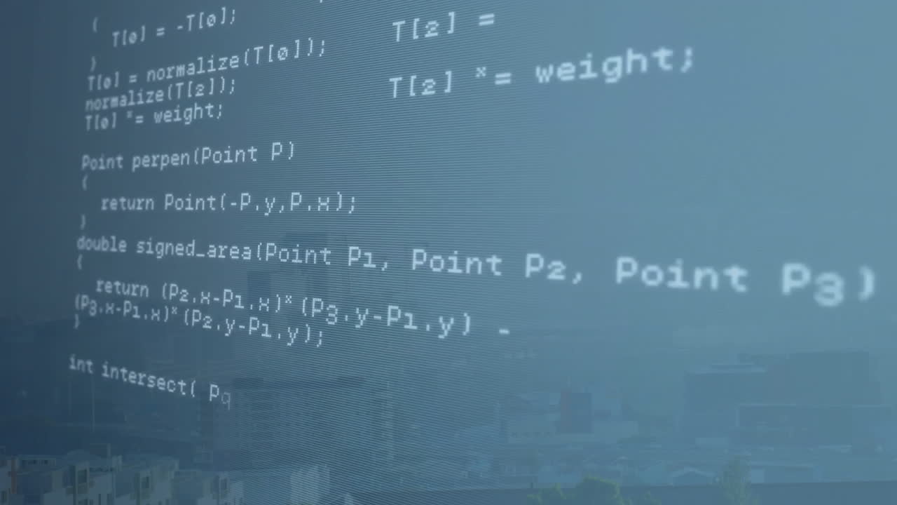 animación de código de programación y fórmulas matemáticas sobre el fondo del paisaje urbano
