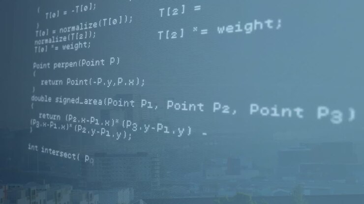 Animering av programmeringskode og matematiske formler over bybildebakgrunn