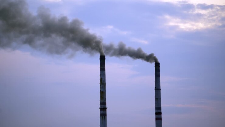 Industrial pipes pollute the atmosphere with smoke. Two big pipes with thick smoke in the air on the blue sky background.