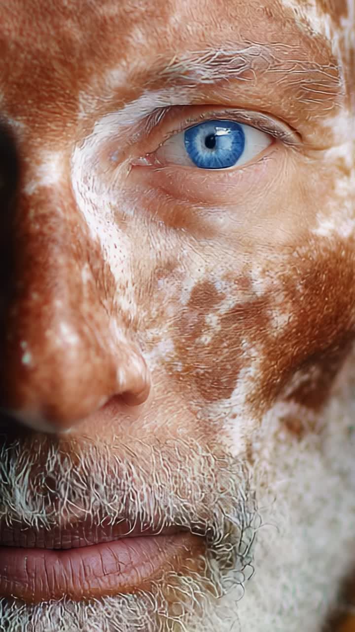 Close-up of a man with textured skin, vibrant blue eyes, and a unique facial mask, showcasing intricate details and captivating features in a striking portrait