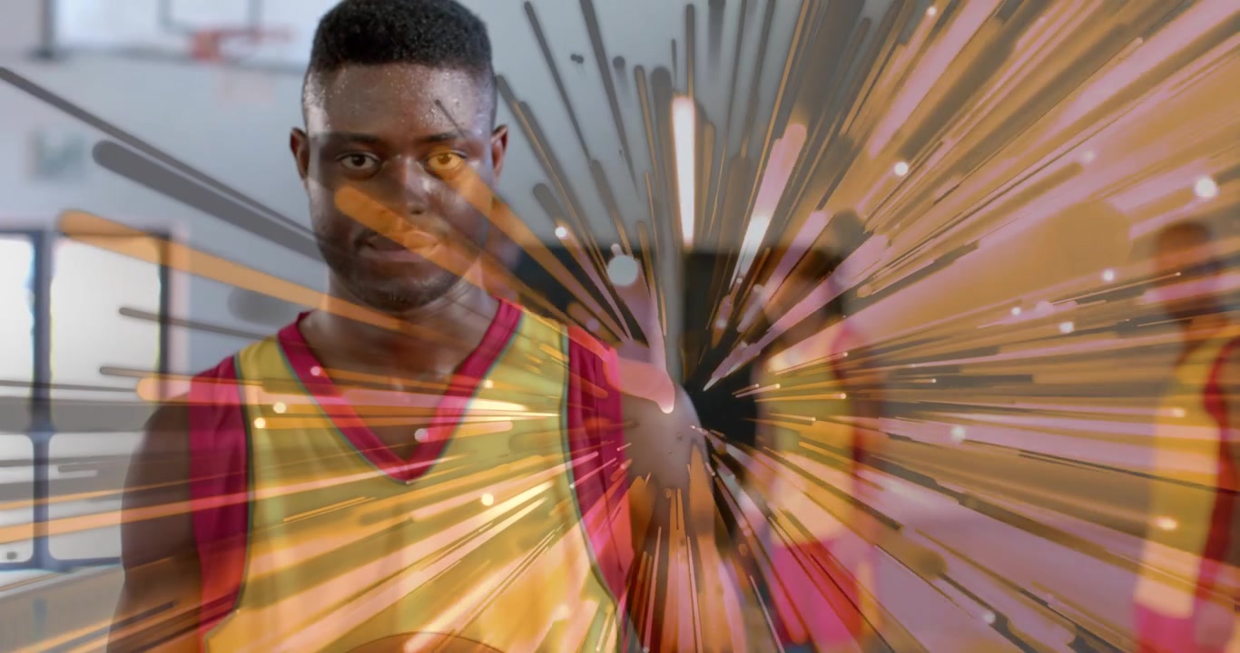 Basketball player holding ball triggers animated burst shifting gaze to camera for sports highlight