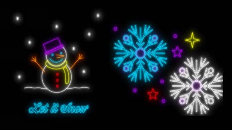 animación de neón deje que nieve texto con copos de nieve sobre fondo negro en navidad