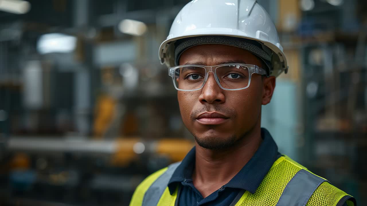 Recording worker at plant, wearing white hard hat, clear goggles and yellow vest, verifying PPE