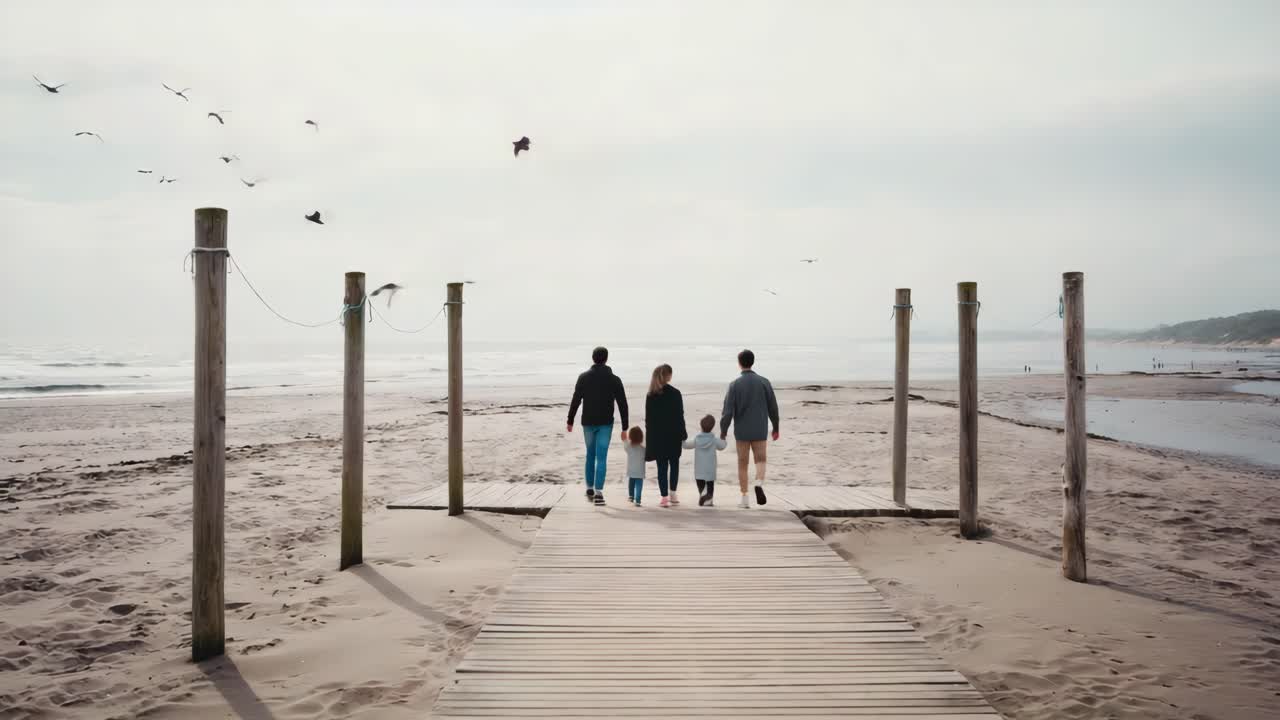Family walking on a boardwalk at the beach