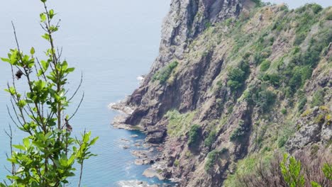 Aerial-view-showing-rocky-mountains-and-ocean-during-sunny-day---Hiking-at-Te-Whara-Track-in-New-Zealand