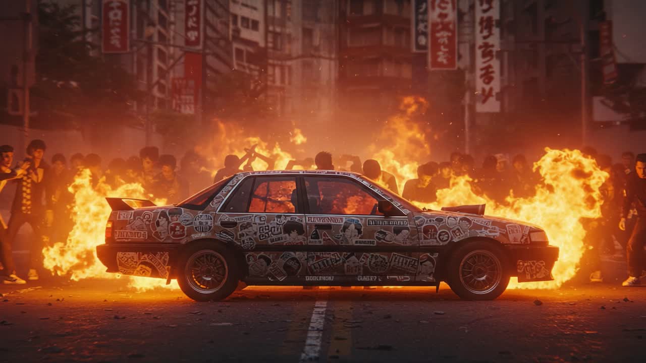 A Vivid Display of Unrest: A Stretched Moment of Deviance Captured as a Stylized Car Surrounded by Flames and Enthusiastic Crowds in Urban Chaos