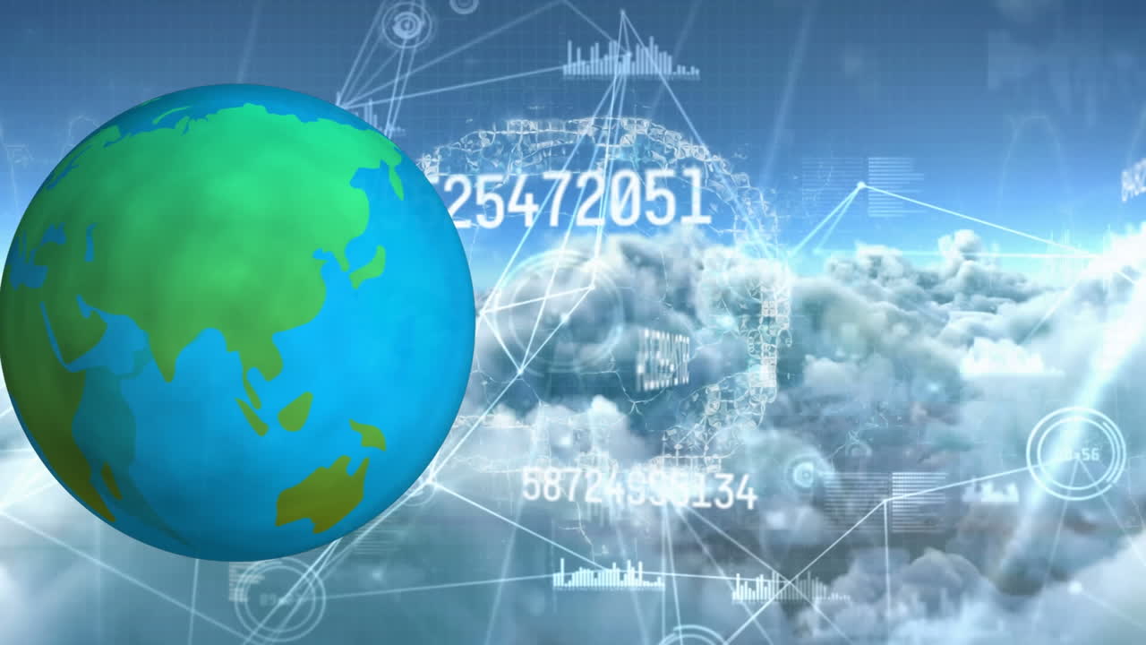 雲と空上の接続ネットワーク,グローブ,データ処理のアニメーション