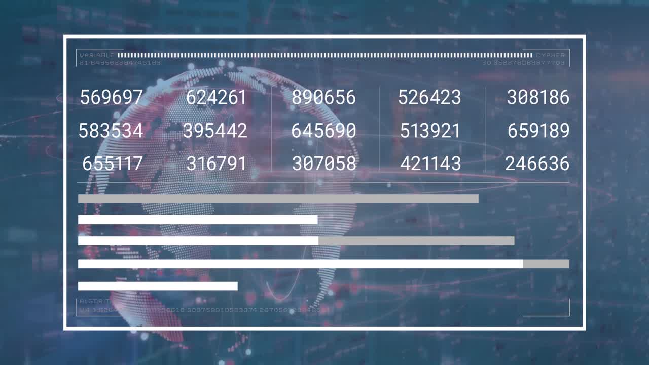 animación de números cambiantes, gráficos, barra de carga sobre barras y globo giratorio
