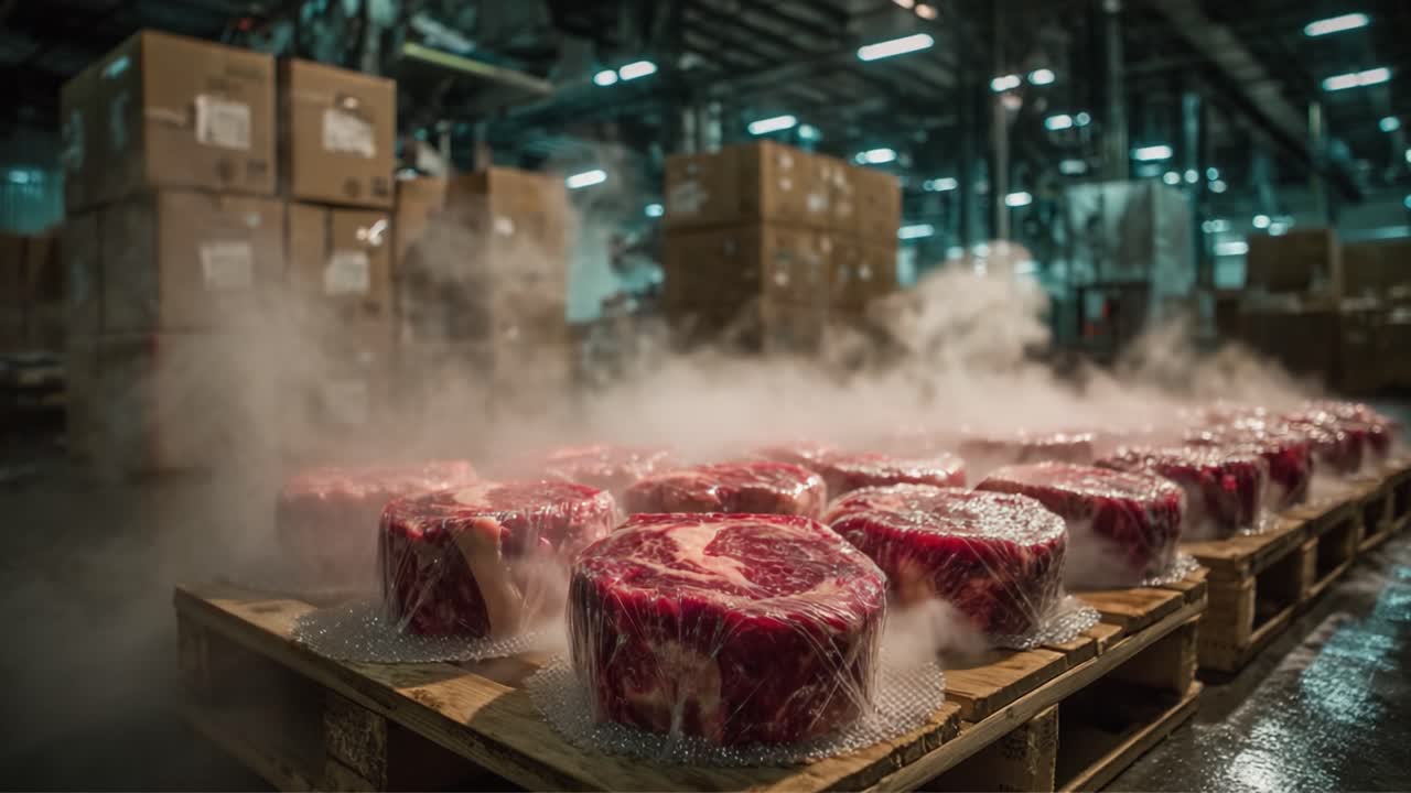 Freshly Processed Meat Cuts in a Cold Storage Warehouse with Steam Rising, Showcasing the Industrial Preparation and Packaging of High-Quality Protein Products