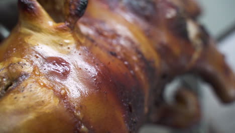 crispy burned roasted pig skin - detail push out slow-motion shot