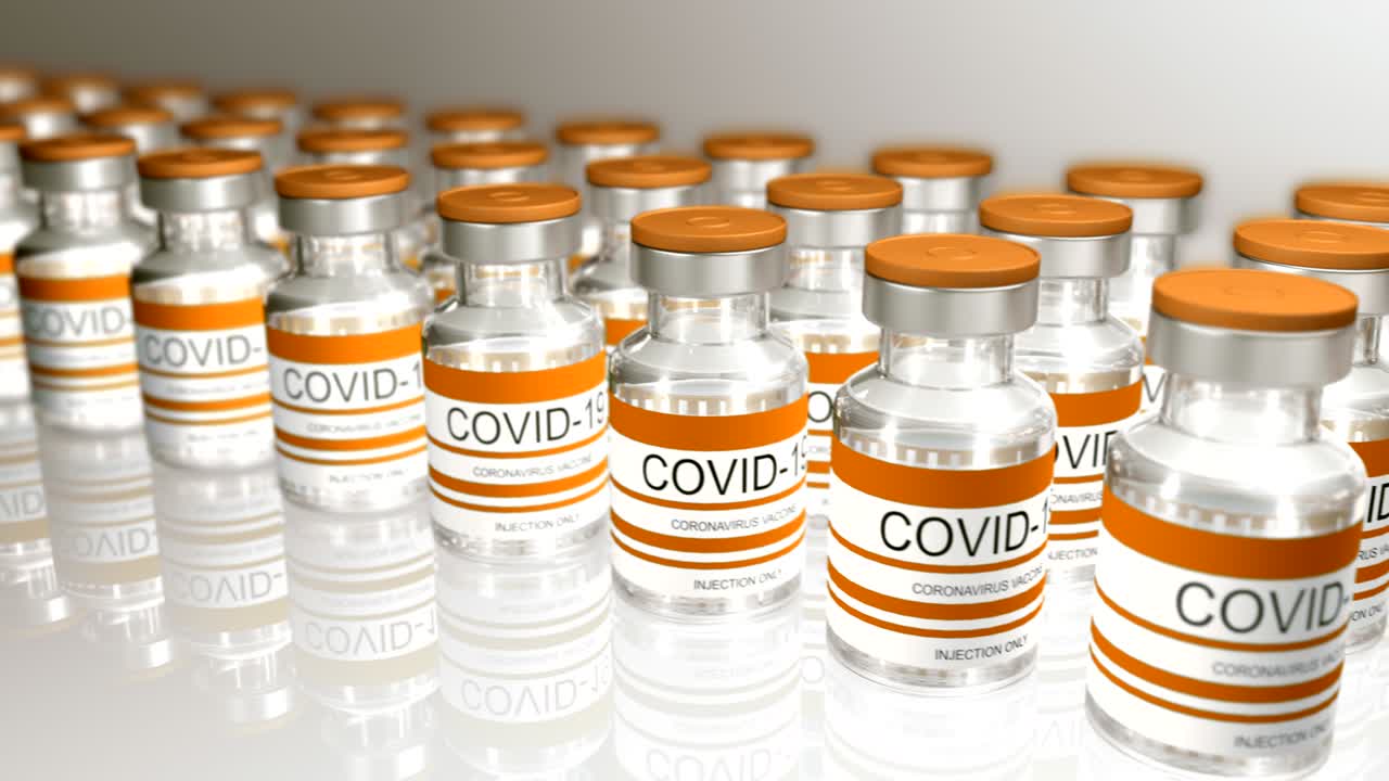 botellas amarillas de la vacuna contra el coronavirus covid-19. viales de vidrio con la vacuna sars-cov-2. bucle sin costuras render 3d para edición de video, bucle para edición de vídeo, bucle