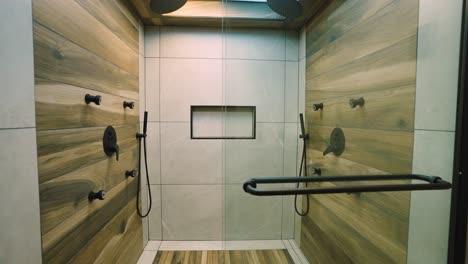 profile view of luxury wooden pannel shower with skylight