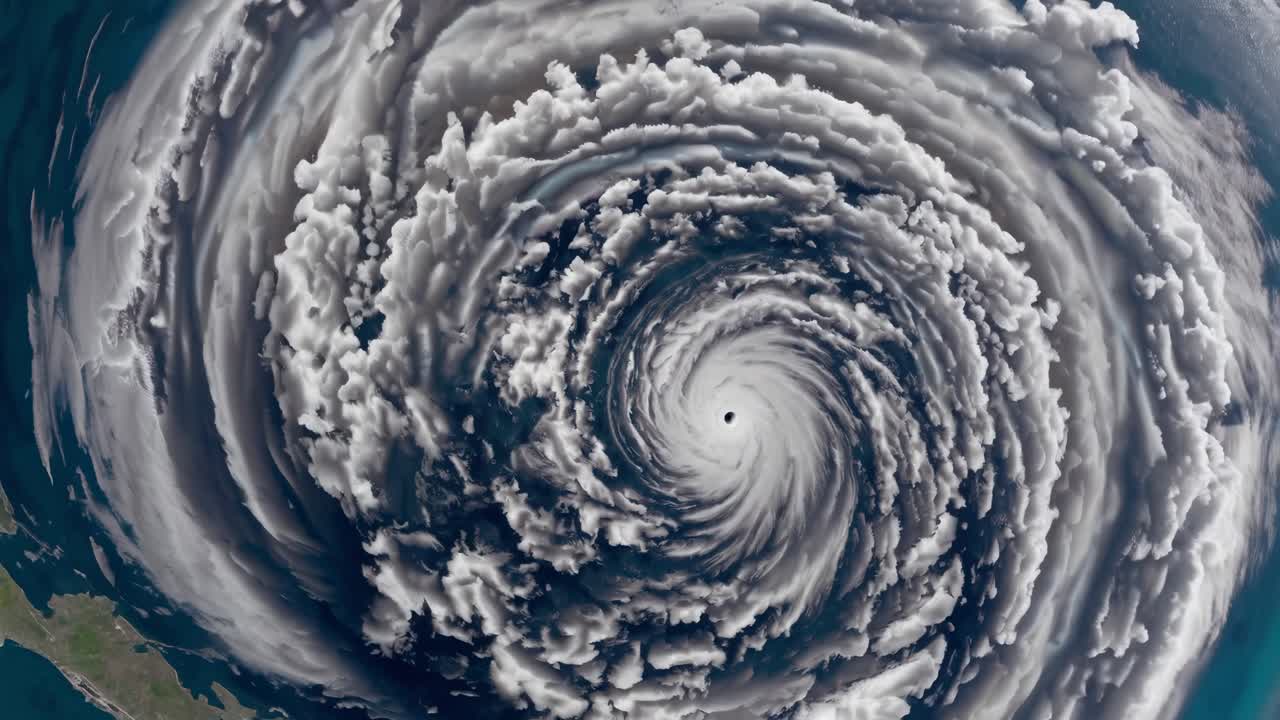 Aerial video captures a dramatic, swirling hurricane over the ocean, showcasing the storm's eye
