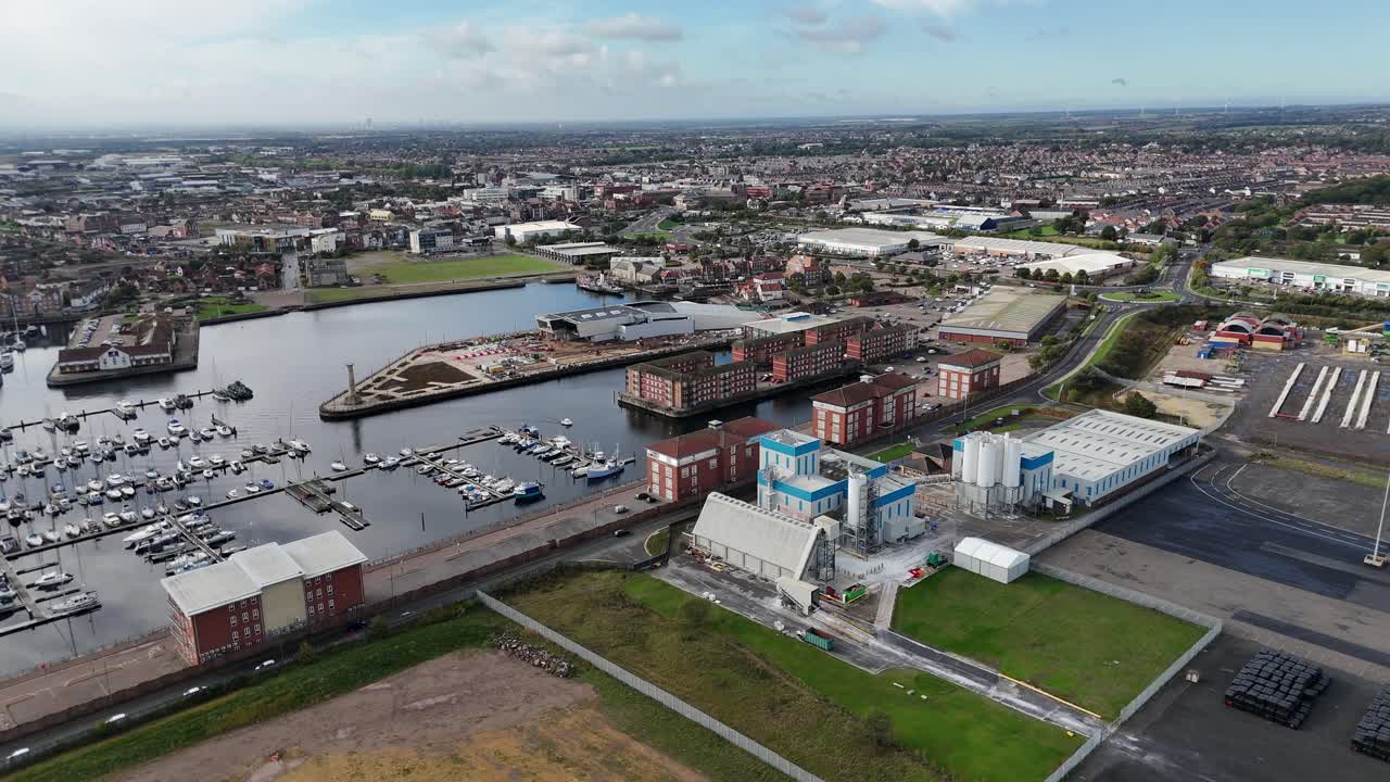 Aerial drone video Hartlepool marina harbour port beach coastal town County Durham North East England UK
