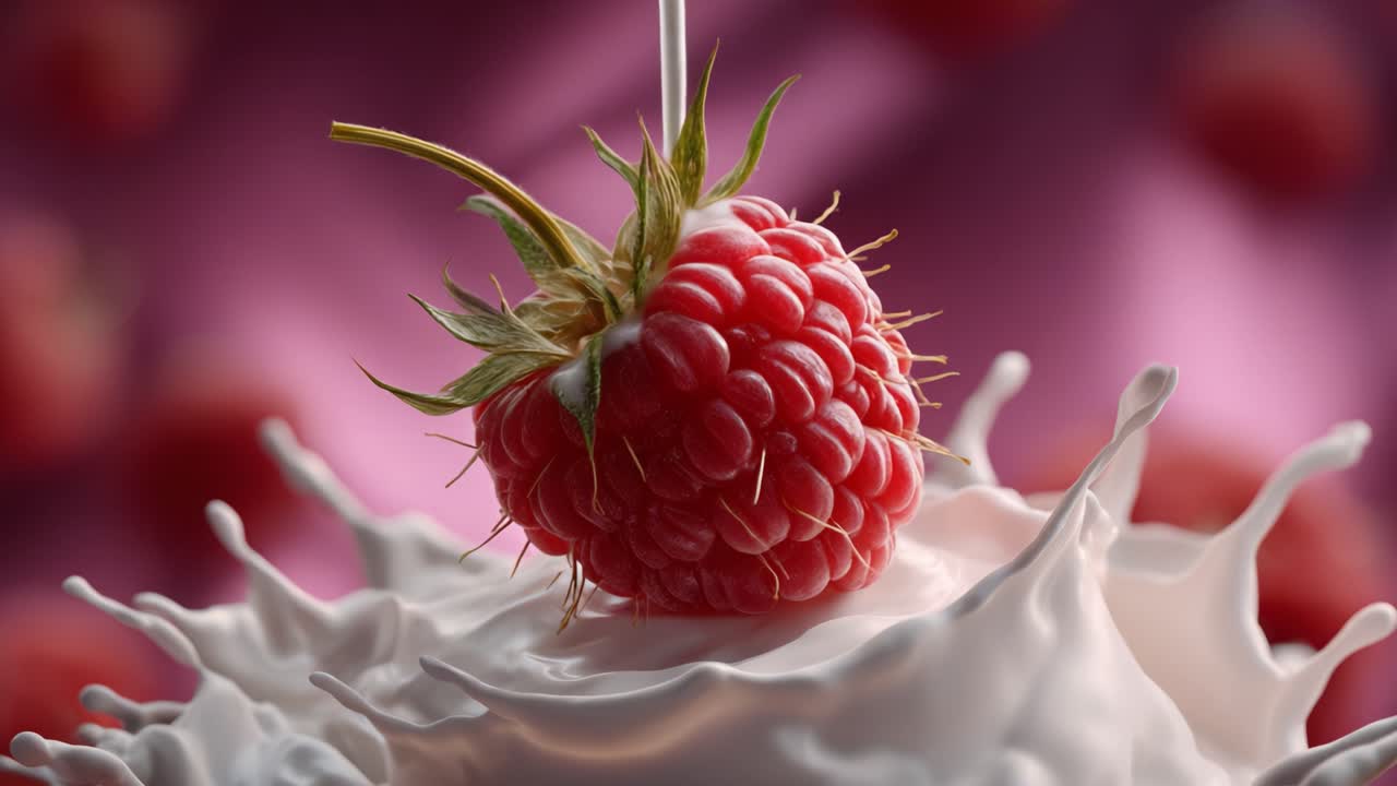 A close-up view of a fresh raspberry resting atop a swirl of creamy whipped cream, highlighting the vibrant colors and textures of this delicious dessert presentation