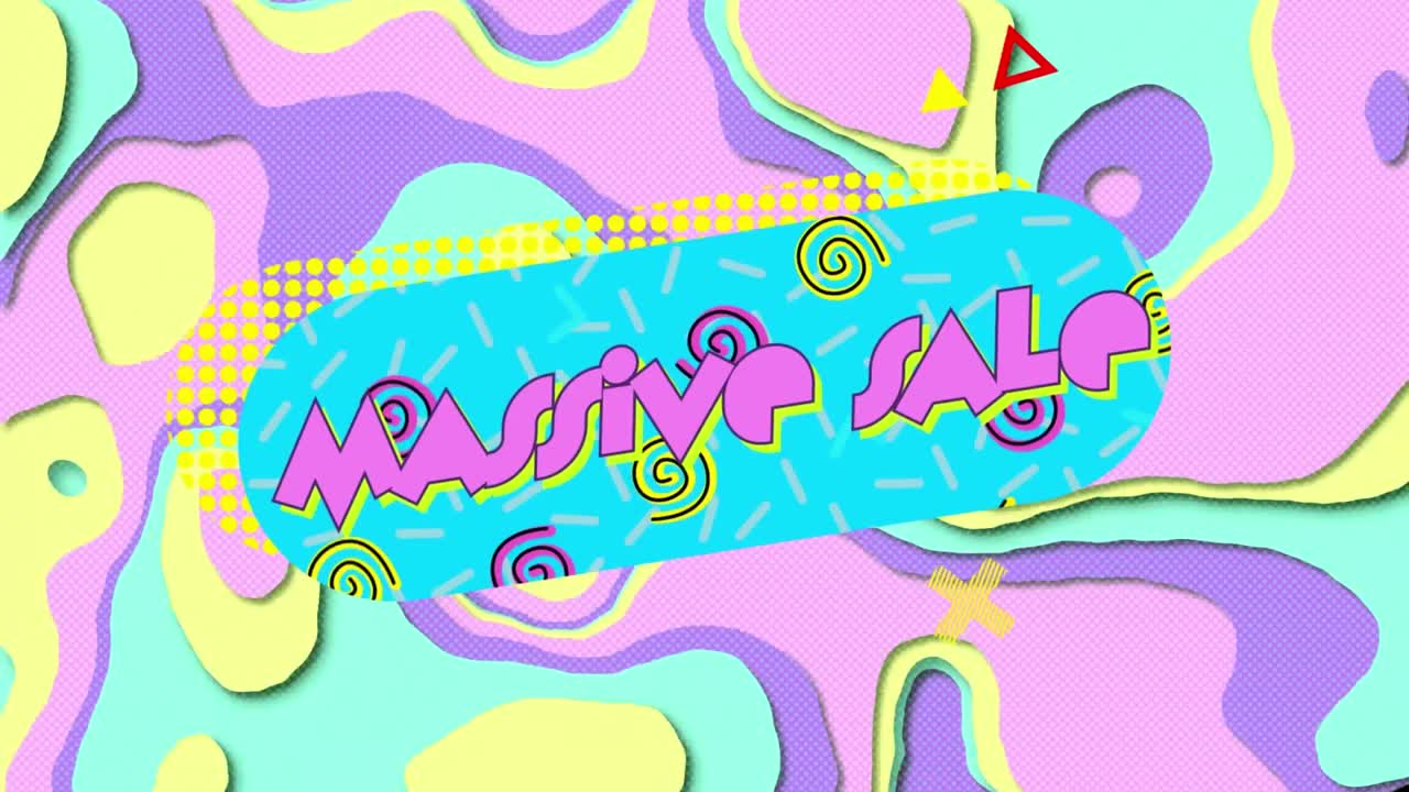 animación de texto de venta masivo y patrón en espiral sobre patrón abstracto multicolor
