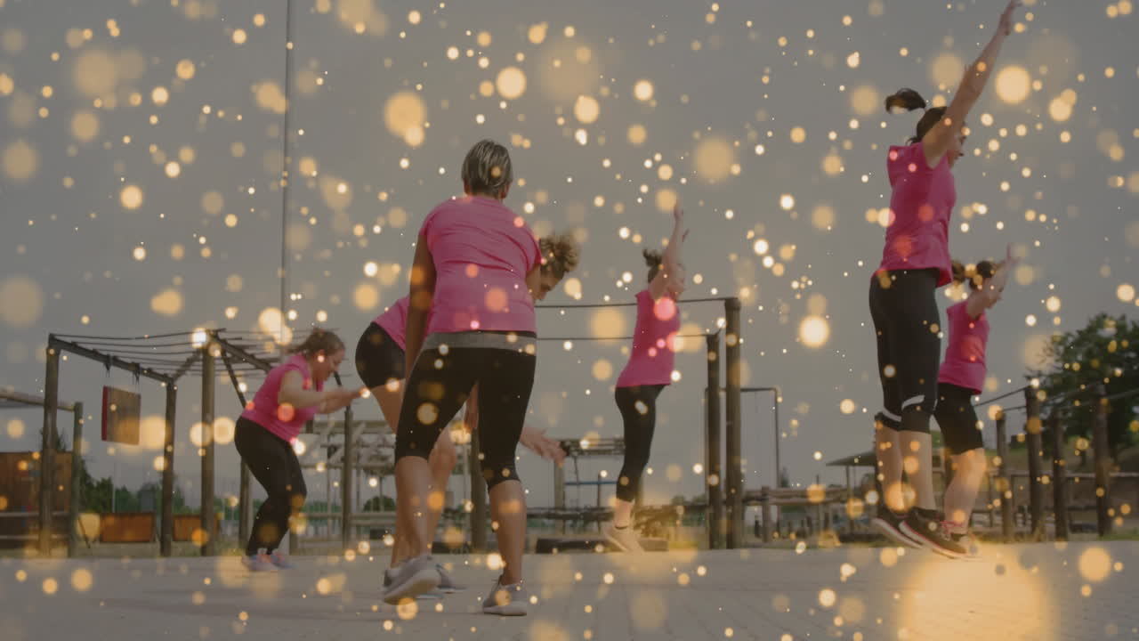 Exercising outdoors, women with glowing light animation overlay, staying active