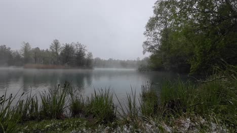 Schnee-Fällt-Auf-Gras-Mit-Mystischem-See-Mit-Nebel-Im-Hintergrund