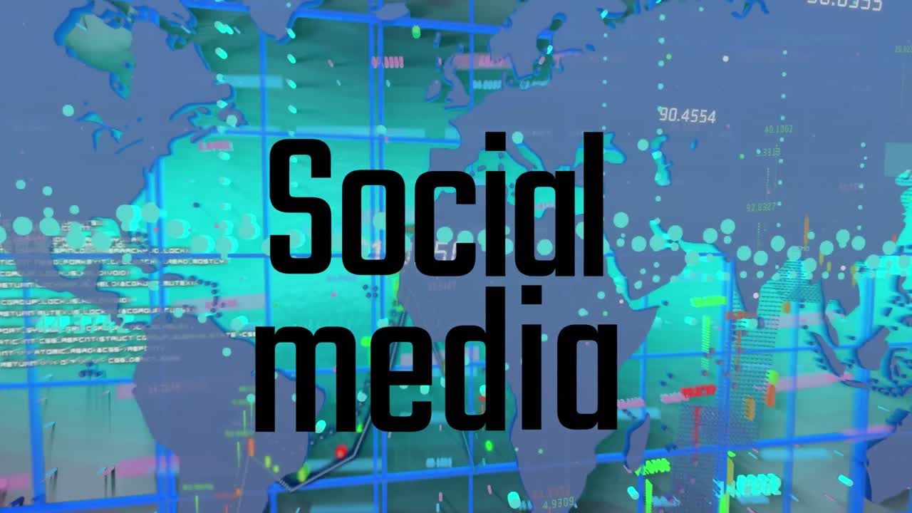 소셜 미디어 텍스트 배너의 애니메이션과 세계 지도에 대한 금융 데이터 처리