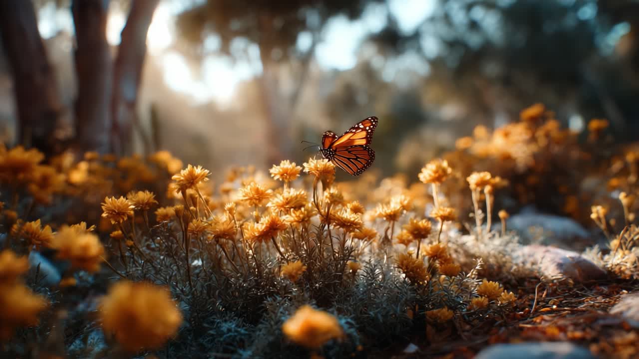 Una splendida farfalla monarca svolazza con grazia tra vivaci fiori gialli in un giardino naturale e soleggiato, il tutto catturato in due splendide inquadrature