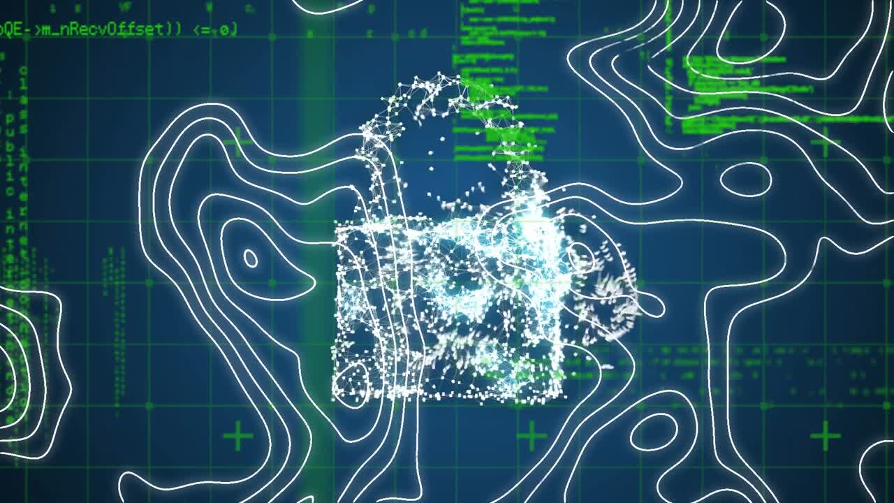 Animation of digital padlock over isohypses and data processing on black background