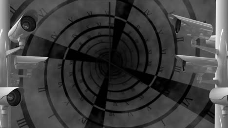 animación de reloj moviéndose rápido, cámaras grabando en fondo gris.