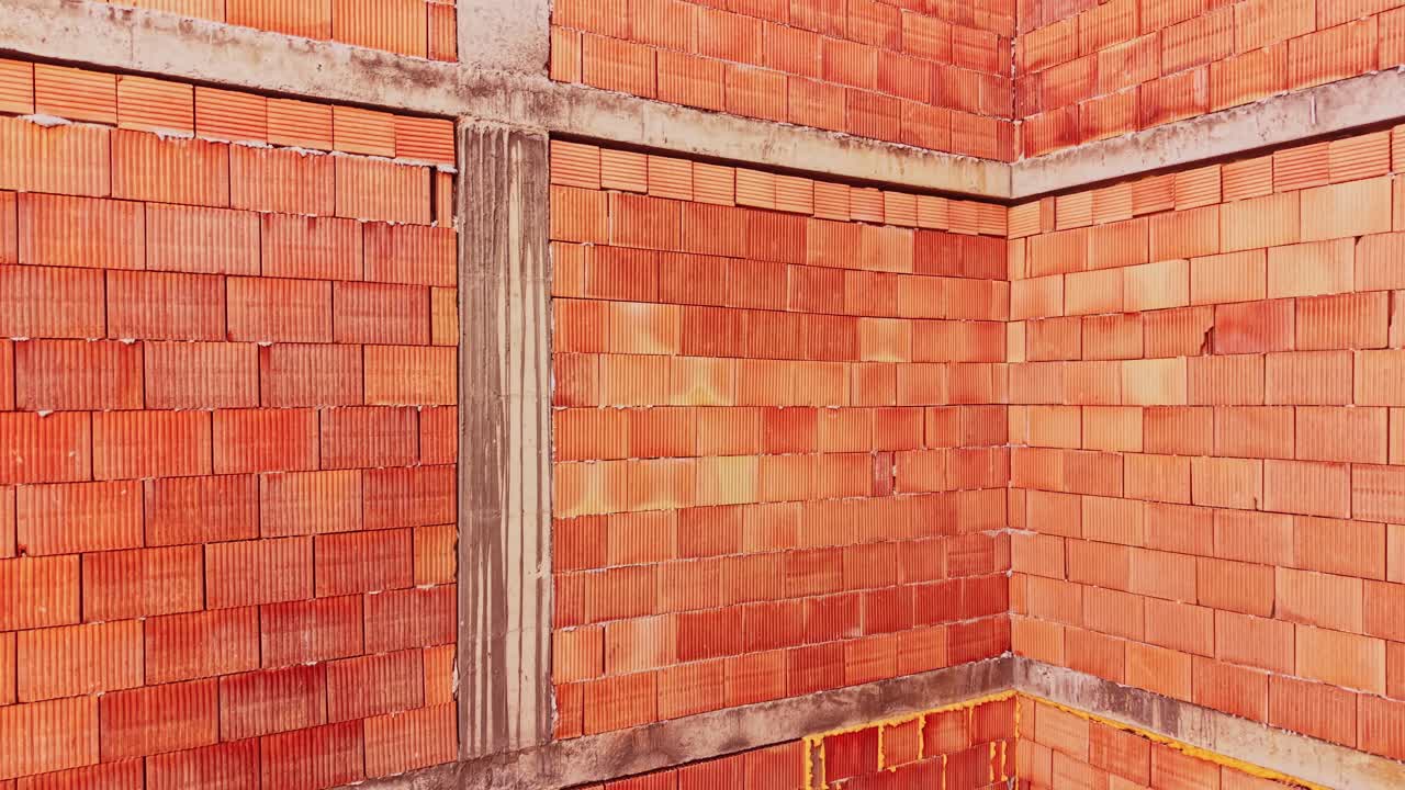 Unfinished Red Brick Walls and Concrete Framework of a Building
