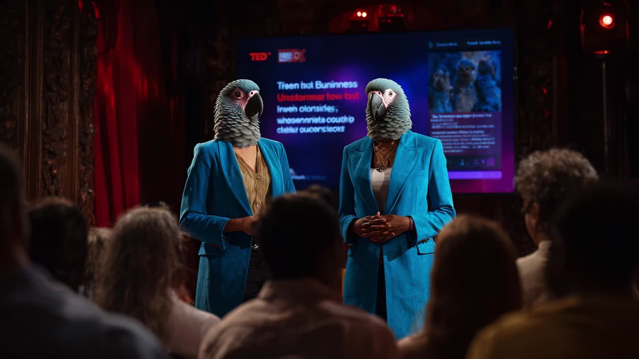 Two presenters with bird-like masks speak to an audience about unconventional topics while showcasing their creative expression and performance art in an engaging and lighthearted manner during a TED event