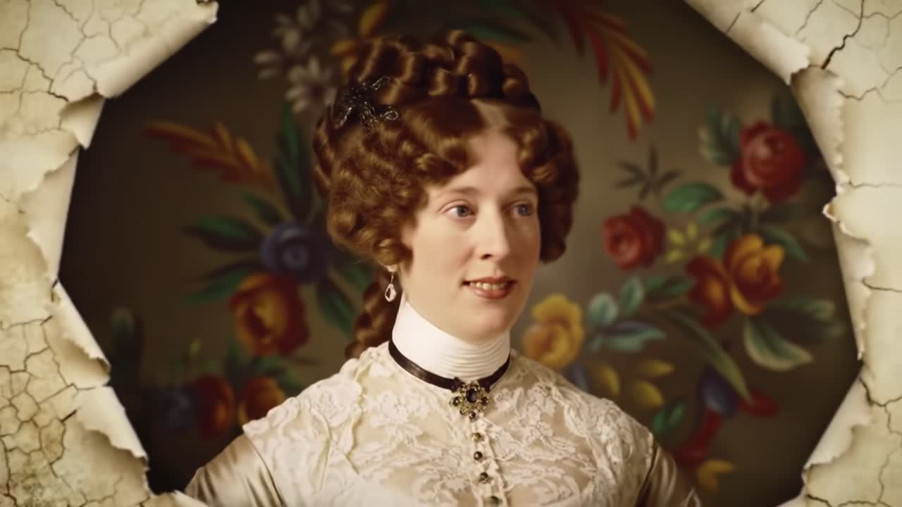 In a vintage setting, a woman with a detailed hairstyle and elegant clothing poses against a floral background.