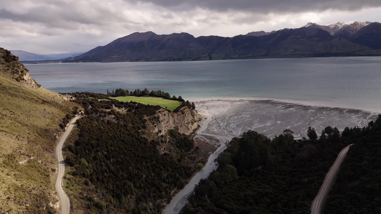 Aerial view of the Dingle Burn River Delta flowing into Lake Hawea in New Zealand's South Island