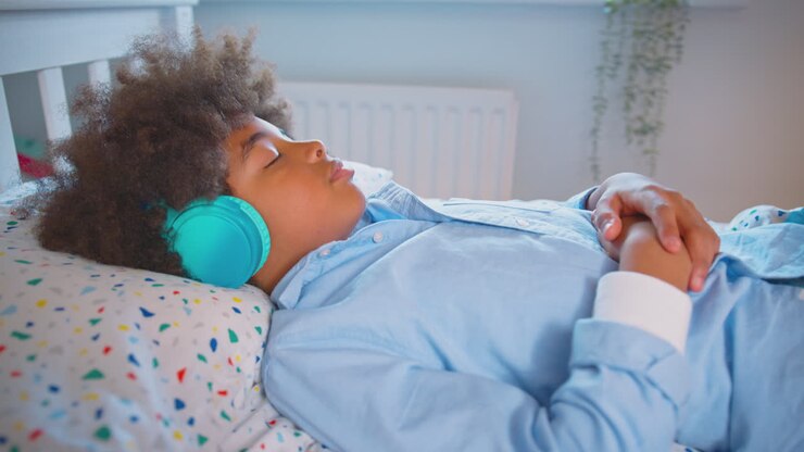 Menino deitado na cama usando fones de ouvido sem fio com os olhos fechados, ouvindo música ou audiolivro.