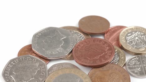 uk currency pounds coins rotating close up footage against the white background