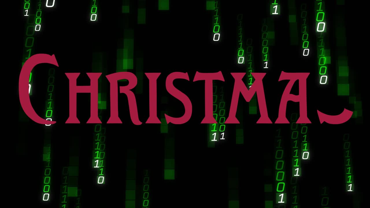 Binary digits cascading initiating red letters sliding to spell CHRISTMAS reversing leaving Chris