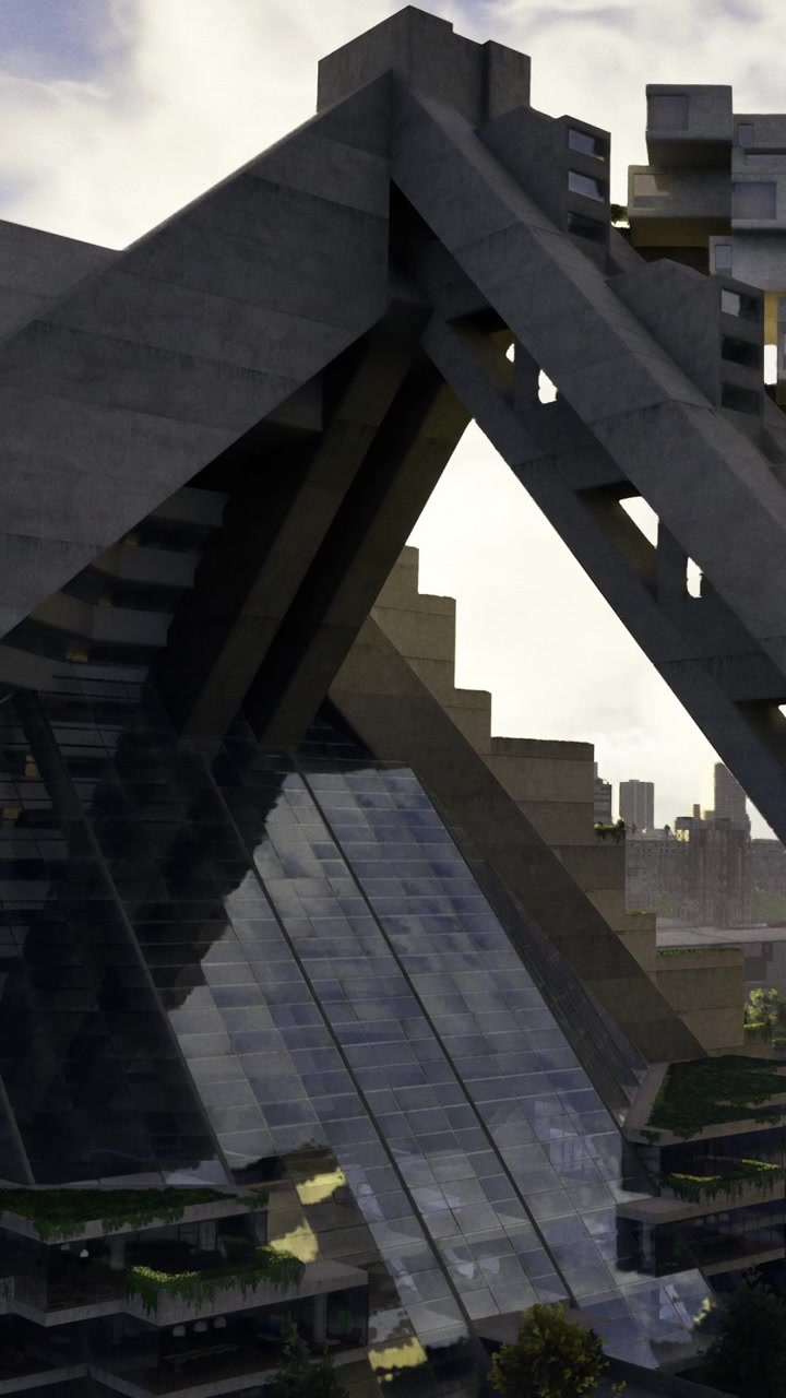 Edifício moderno com estrutura única em um cenário urbano durante o dia.